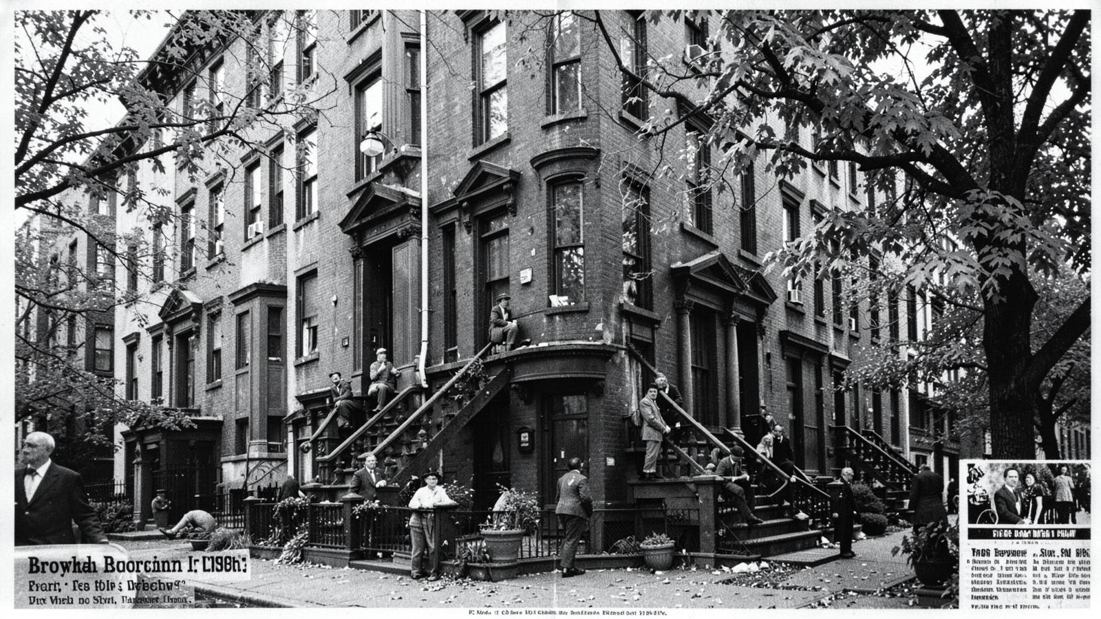 Photograph illustrating the Brooklyn waterfront rezoning in New York City, showing residents and workers in a street-level scene.